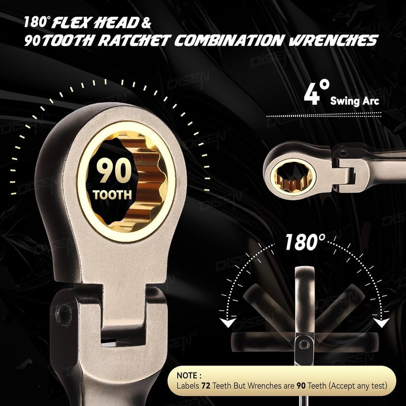 DISEN 12 Pcs Flex Head Ratcheting Wrench Set 90 Teeth, Combination Ratchet Wrenches Set SAE1/4 to 3/4", Cr-V Steel, 12-Point, Nickel Plating with Organizer Rack Visit the Store - Image 2
